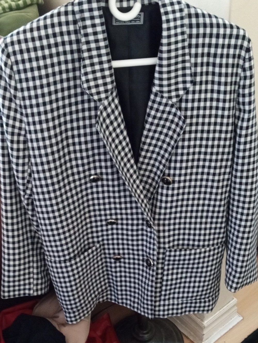 Vintage Classic Black & White Gingham Double-Breasted Blazer Bust 40 Shoulder 15